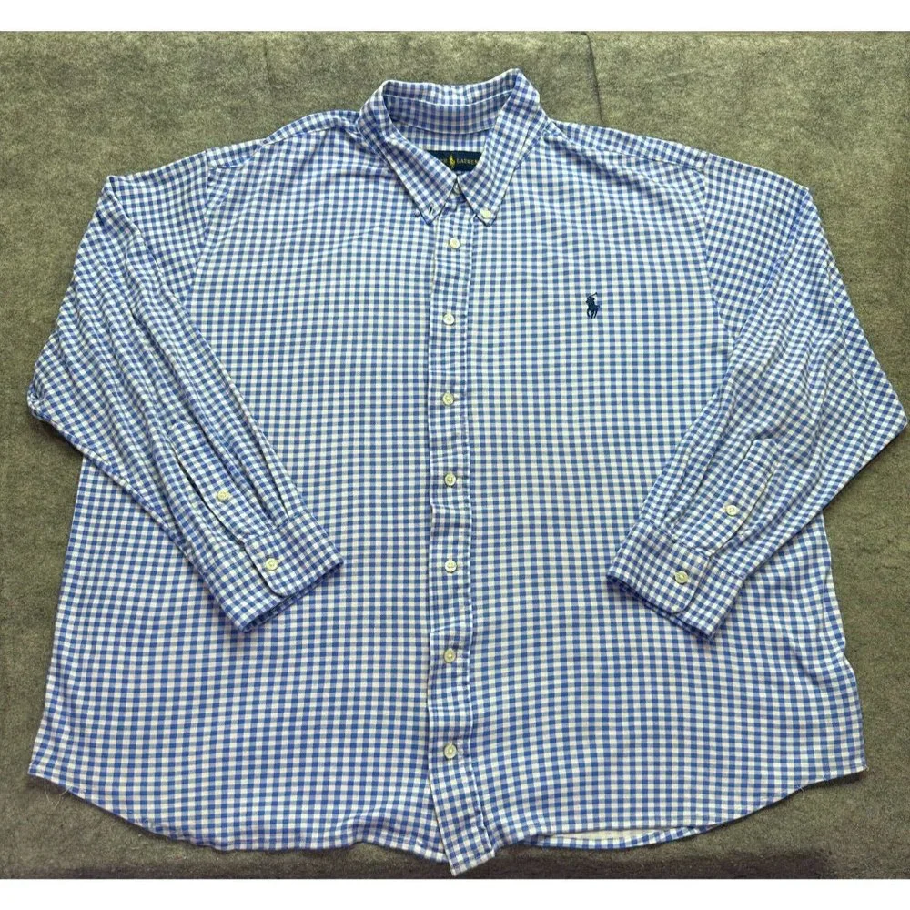 Ralph Lauren Knit Dress Shirt Long Sleeve Blue White Gingham Big 2X *Damaged*